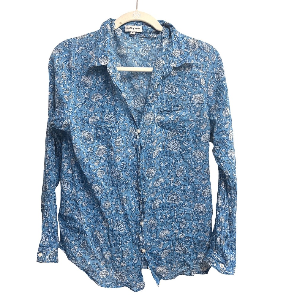 Happy Few Floral Block Print Blue Button Down Shirt Blue Long Sleeve Cotton XL